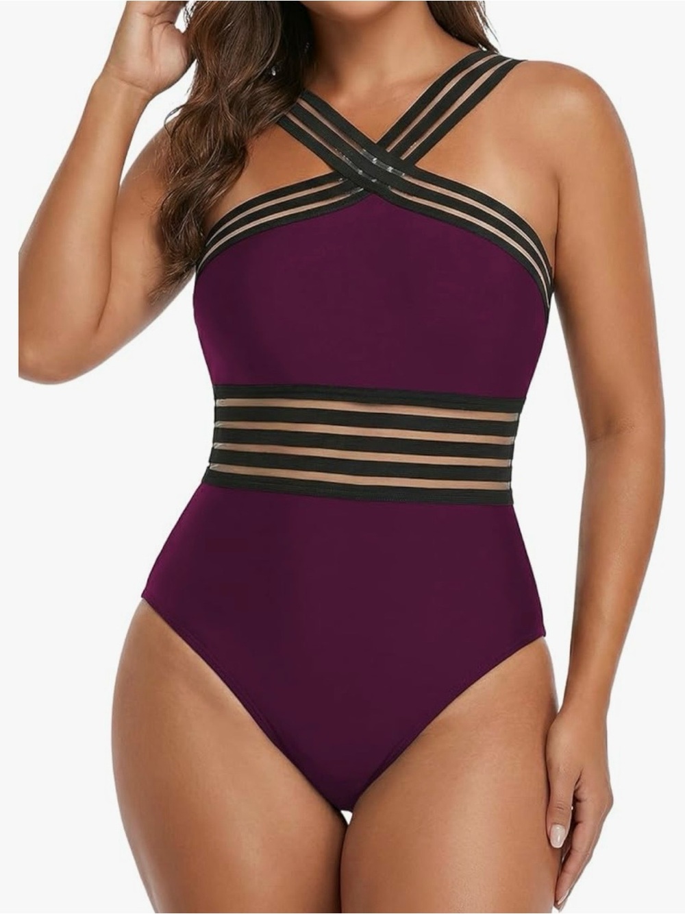 Cross-Strap Plum One-Piece Swimsuit with Sheer Waist Panels - Picture 1 of 8